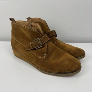Franco‎ Sarto Suede Wedge Booties Brown Buckle Strap Women's 8M Round Toe